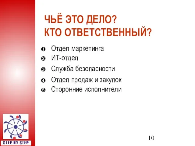 ЧЬЁ ЭТО ДЕЛО? КТО ОТВЕТСТВЕННЫЙ? Отдел маркетинга ИТ-отдел Служба безопасности Отдел продаж и закупок Сторонние исполнители