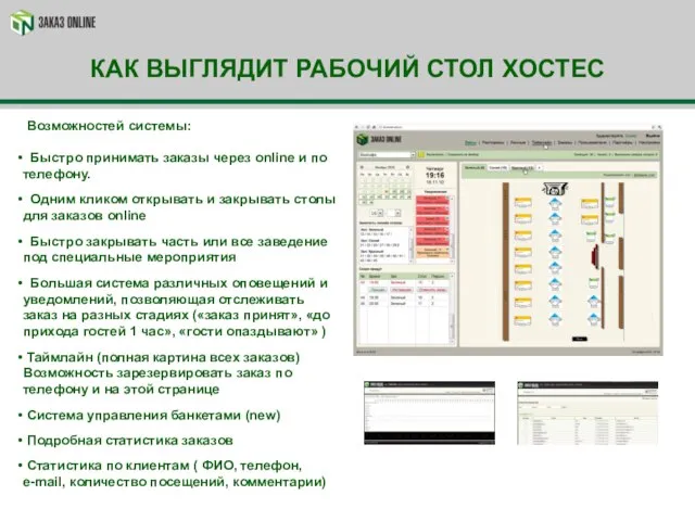 КАК ВЫГЛЯДИТ РАБОЧИЙ СТОЛ ХОСТЕС Возможностей системы: Быстро принимать заказы через online