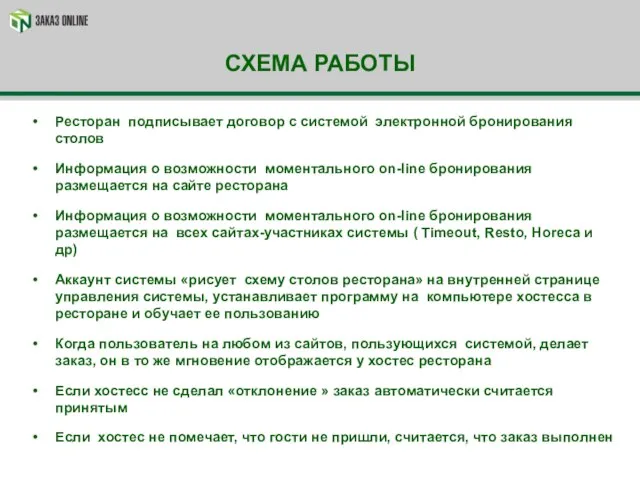 СХЕМА РАБОТЫ Ресторан подписывает договор с системой электронной бронирования столов Информация о