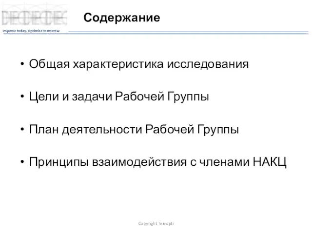 Содержание Общая характеристика исследования Цели и задачи Рабочей Группы План деятельности Рабочей