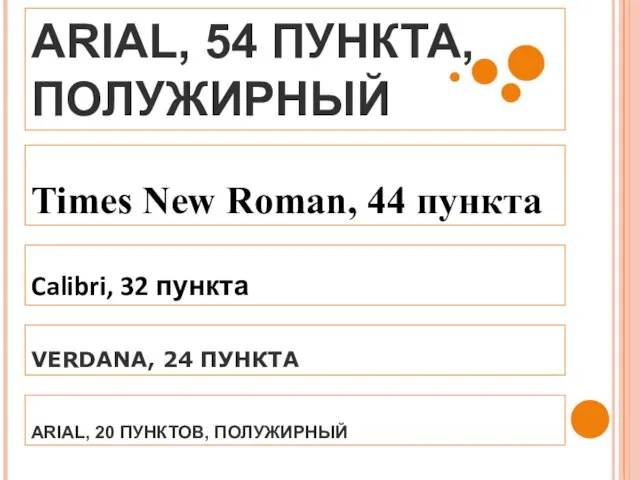 ARIAL, 54 ПУНКТА, ПОЛУЖИРНЫЙ Times New Roman, 44 пункта Calibri, 32 пункта