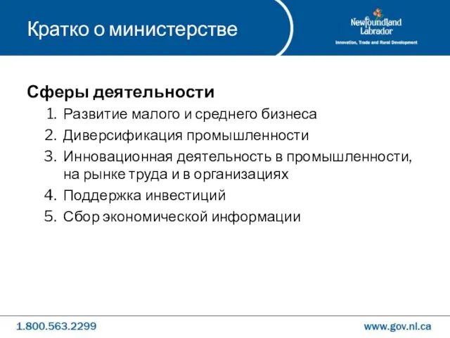 Кратко о министерстве Сферы деятельности Развитие малого и среднего бизнеса Диверсификация промышленности