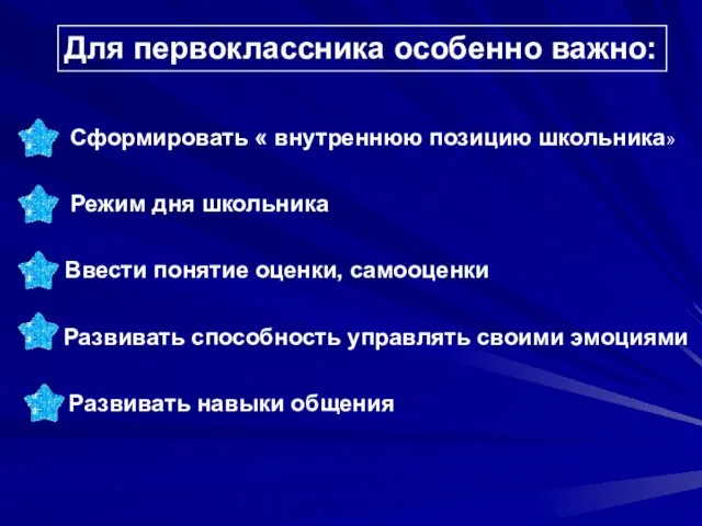 Для первоклассника особенно важно: Сформировать « внутреннюю позицию школьника» Режим дня школьника