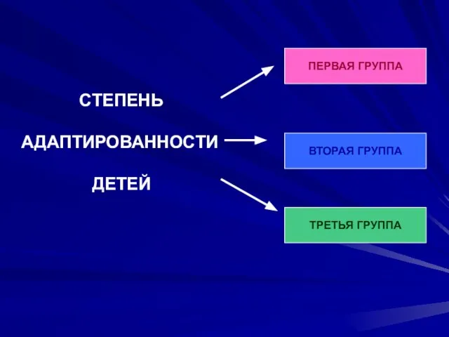 СТЕПЕНЬ АДАПТИРОВАННОСТИ ДЕТЕЙ ТРЕТЬЯ ГРУППА ВТОРАЯ ГРУППА ПЕРВАЯ ГРУППА