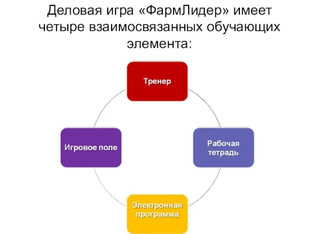 Деловая игра «ФармЛидер» имеет четыре взаимосвязанных обучающих элемента: