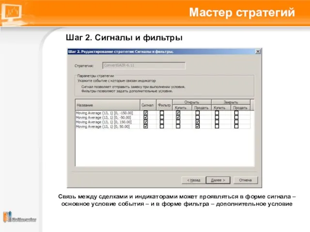 Мастер стратегий Шаг 2. Сигналы и фильтры Связь между сделками и индикаторами