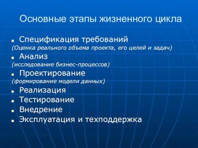 Основные этапы жизненного цикла Спецификация требований (Оценка реального объема проекта, его целей