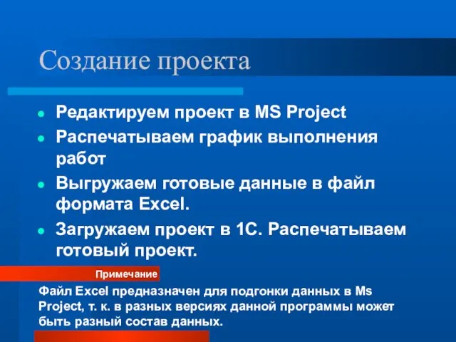 Создание проекта Редактируем проект в MS Project Распечатываем график выполнения работ Выгружаем