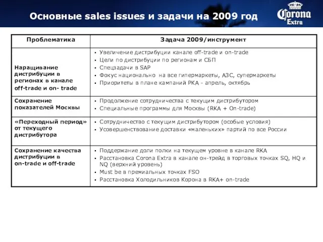 Основные sales issues и задачи на 2009 год