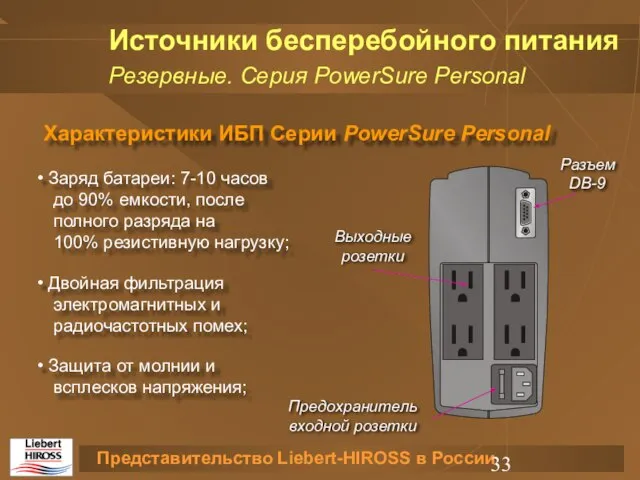 Характеристики ИБП Серии PowerSure Personal Заряд батареи: 7-10 часов до 90% емкости,