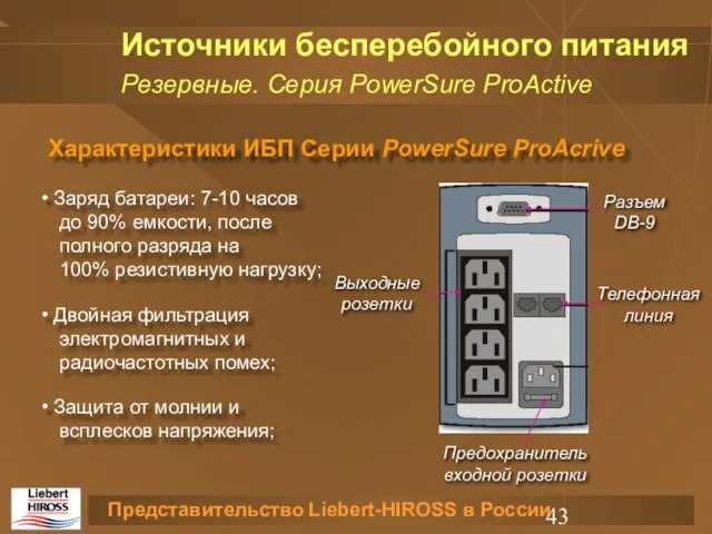 Характеристики ИБП Серии PowerSure ProAcrive Заряд батареи: 7-10 часов до 90% емкости,
