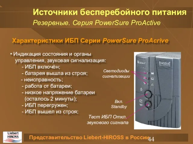Характеристики ИБП Серии PowerSure ProAcrive Индикация состояния и органы управления, звуковая сигнализация: