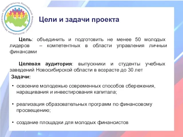 Цели и задачи проекта Задачи: освоение молодежью современных способов сбережения, наращивания и