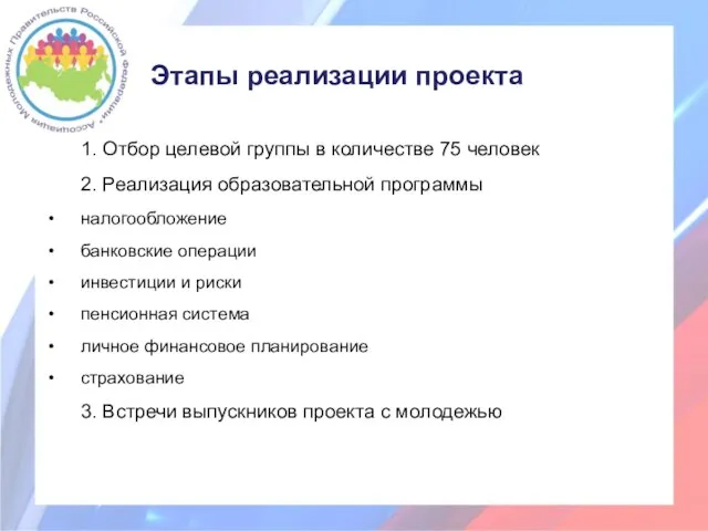 Этапы реализации проекта 1. Отбор целевой группы в количестве 75 человек 2.