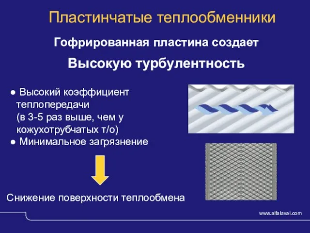 © Alfa Laval Slide Пластинчатые теплообменники Гофрированная пластина создает Высокую турбулентность Высокий