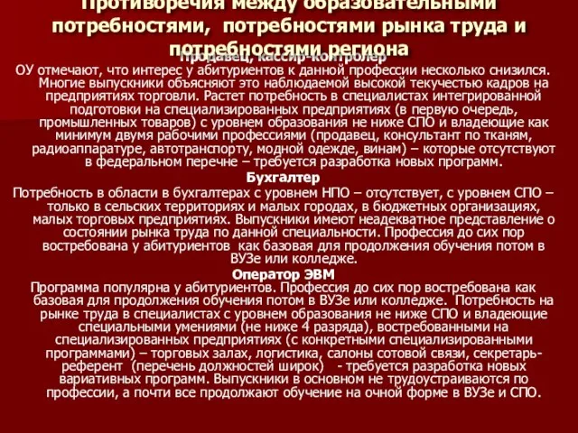 Продавец, кассир-контролер ОУ отмечают, что интерес у абитуриентов к данной профессии несколько