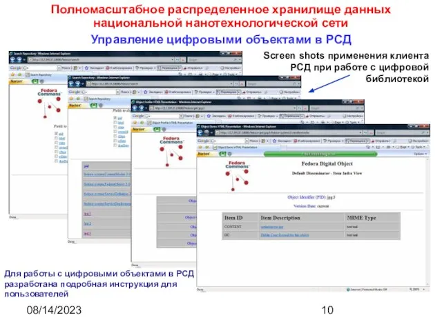 08/14/2023 Полномасштабное распределенное хранилище данных национальной нанотехнологической сети Управление цифровыми объектами в