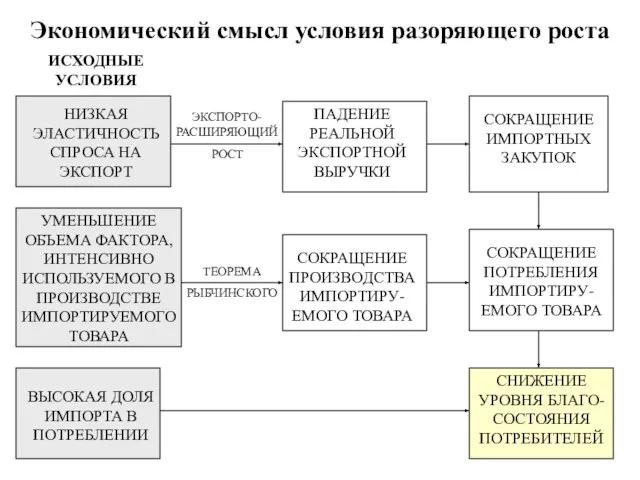 Экономический смысл условия разоряющего роста НИЗКАЯ ЭЛАСТИЧНОСТЬ СПРОСА НА ЭКСПОРТ ЭКСПОРТО-РАСШИРЯЮЩИЙ РОСТ