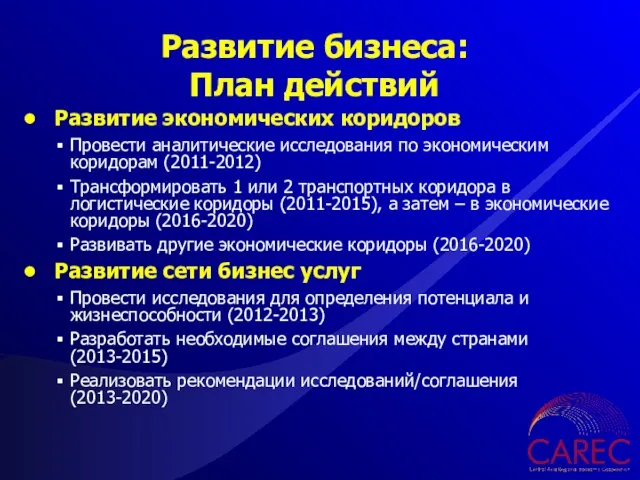 Развитие экономических коридоров Провести аналитические исследования по экономическим коридорам (2011-2012) Трансформировать 1