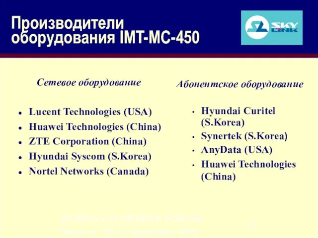 RUSSIA/CIS MOBILE FORUM Moscow, 10-12 September 2003 Производители оборудования IMT-MC-450 Сетевое оборудование