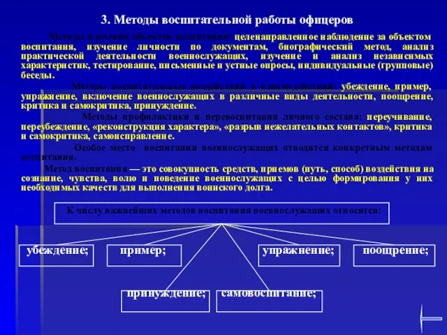 3. Методы воспитательной работы офицеров Методы изучения объектов воспитания: целенаправленное наблюдение за