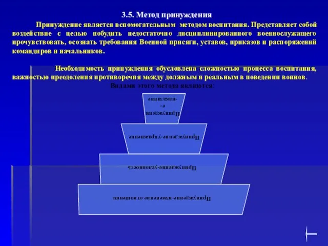 3.5. Метод принуждения Принуждение является вспомогательным методом воспитания. Представляет собой воздействие с