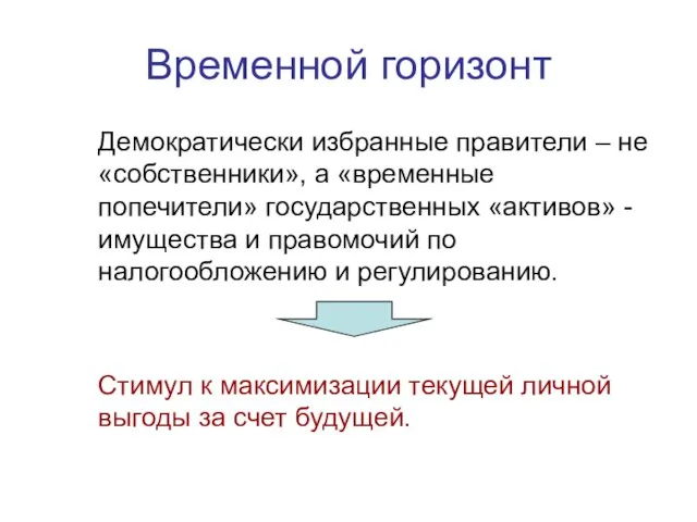 Временной горизонт Демократически избранные правители – не «собственники», а «временные попечители» государственных