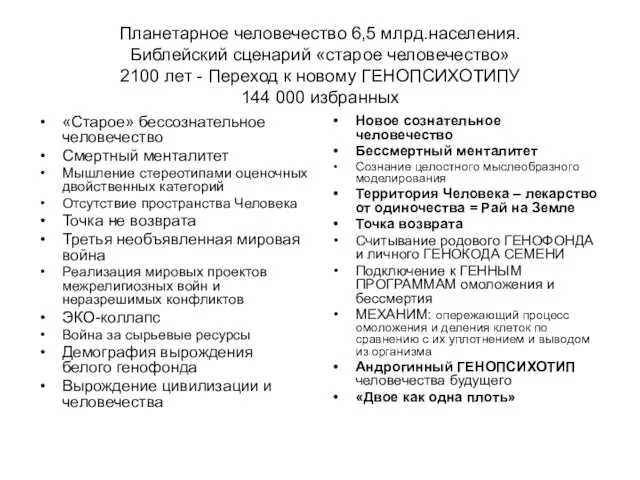 Планетарное человечество 6,5 млрд.населения. Библейский сценарий «старое человечество» 2100 лет - Переход