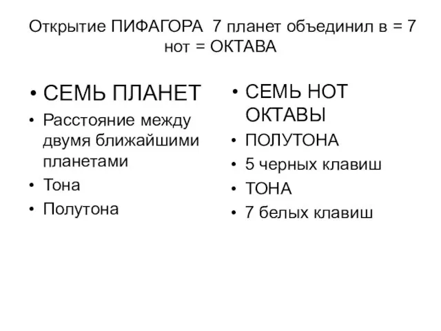 Открытие ПИФАГОРА 7 планет объединил в = 7 нот = ОКТАВА СЕМЬ