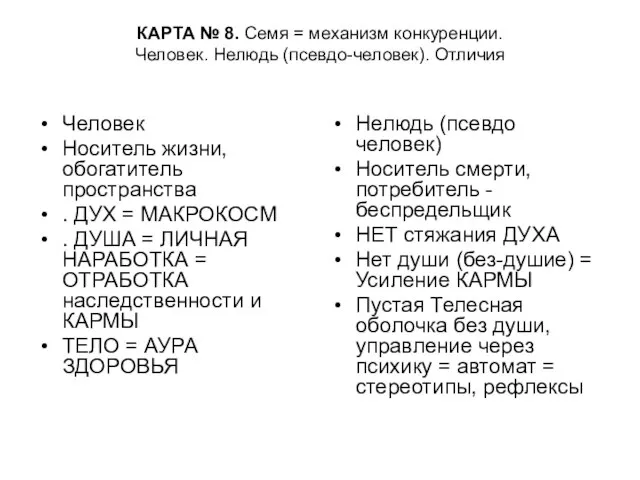 КАРТА № 8. Семя = механизм конкуренции. Человек. Нелюдь (псевдо-человек). Отличия Человек