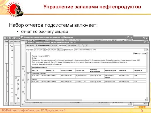 Управление запасами нефтепродуктов Набор отчетов подсистемы включает: отчет по расчету акциза отчет