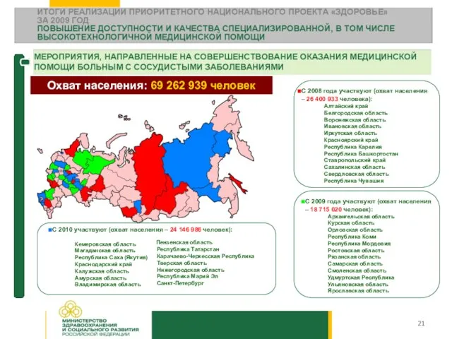 С 2009 года участвуют (охват населения – 18 715 020 человек): Архангельская
