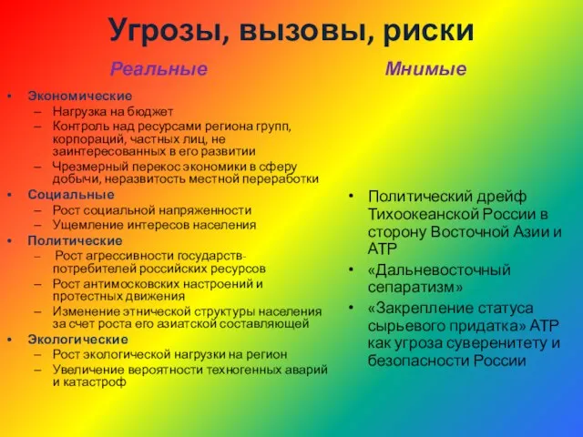 Угрозы, вызовы, риски Реальные Экономические Нагрузка на бюджет Контроль над ресурсами региона