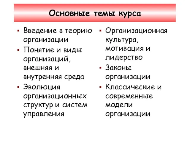 Основные темы курса Введение в теорию организации Понятие и виды организаций, внешняя