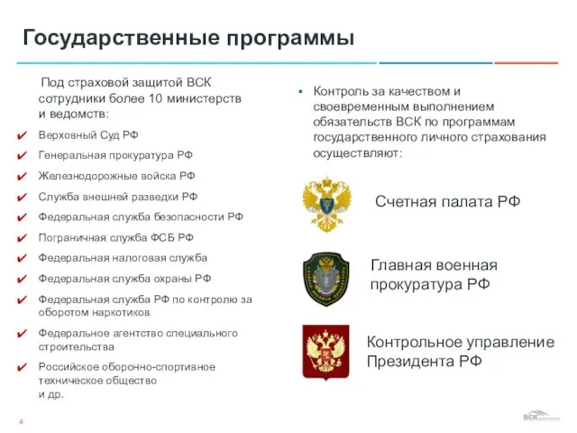 Государственные программы Под страховой защитой ВСК сотрудники более 10 министерств и ведомств: