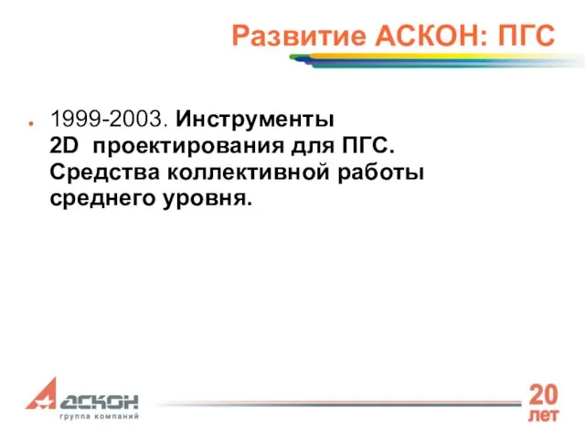 Развитие АСКОН: ПГС 1999-2003. Инструменты 2D проектирования для ПГС. Средства коллективной работы среднего уровня.