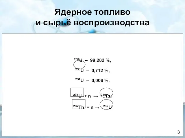 Ядерное топливо и сырьё воспроизводства 238U – 99,282 %, 235U – 0,712