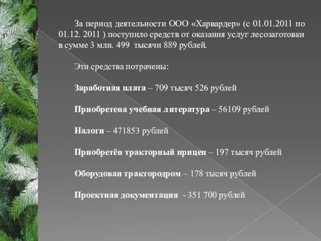 За период деятельности ООО «Харвардер» (с 01.01.2011 по 01.12. 2011 ) поступило