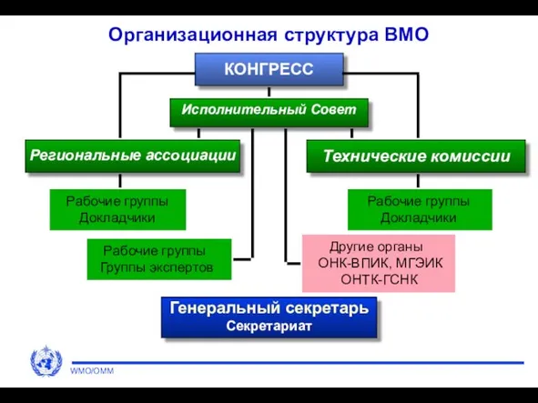 Организационная структура ВМО КОНГРЕСС Исполнительный Совет Региональные ассоциации Технические комиссии Рабочие группы