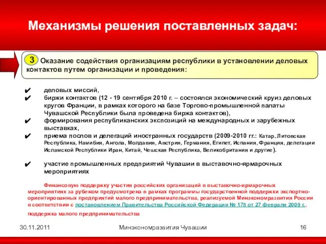 30.11.2011 Минэкономразвития Чувашии Механизмы решения поставленных задач: Оказание содействия организациям республики в