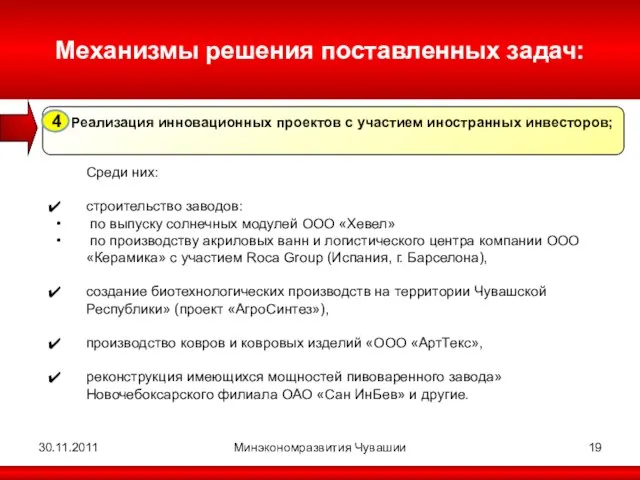 30.11.2011 Минэкономразвития Чувашии Механизмы решения поставленных задач: Реализация инновационных проектов с участием