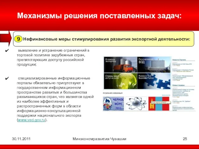 30.11.2011 Минэкономразвития Чувашии Механизмы решения поставленных задач: Нефинансовые меры стимулирования развития экспортной