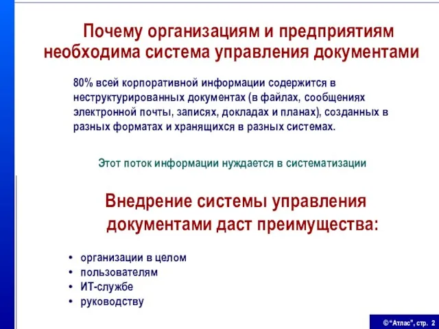 80% всей корпоративной информации содержится в неструктурированных документах (в файлах, сообщениях электронной