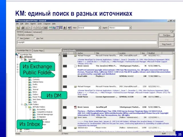 Из Exchange Public Folder Из DM Из Inbox KM: единый поиск в разных источниках