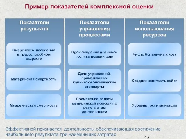 Показатели использования ресурсов Показатели результата Смертность населения в трудоспособном возрасте Материнская смертность