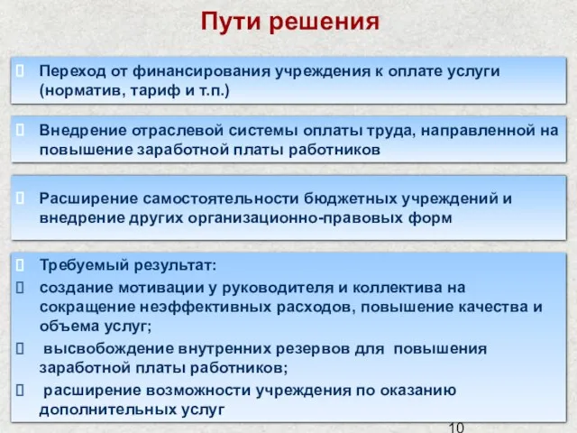 Расширение самостоятельности бюджетных учреждений и внедрение других организационно-правовых форм Переход от финансирования