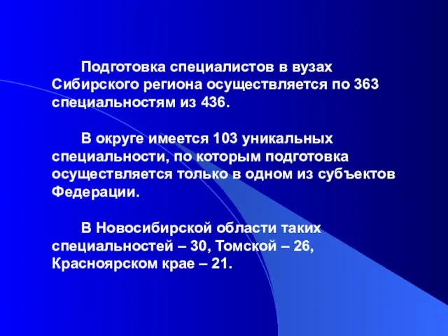 Подготовка специалистов в вузах Сибирского региона осуществляется по 363 специальностям из 436.