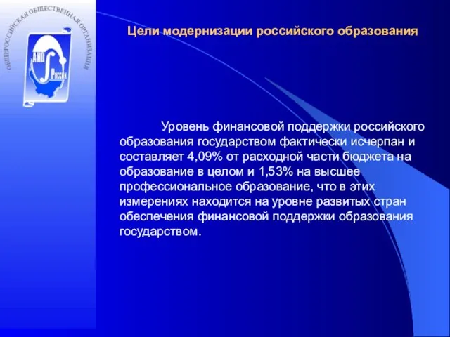 Цели модернизации российского образования Уровень финансовой поддержки российского образования государством фактически исчерпан