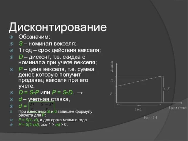 Дисконтирование Обозначим: S – номинал векселя; 1 год – срок действия векселя;