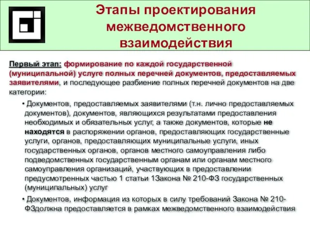 Государственные и муниципальные услуги в действующем законодательстве Этапы проектирования межведомственного взаимодействия Первый